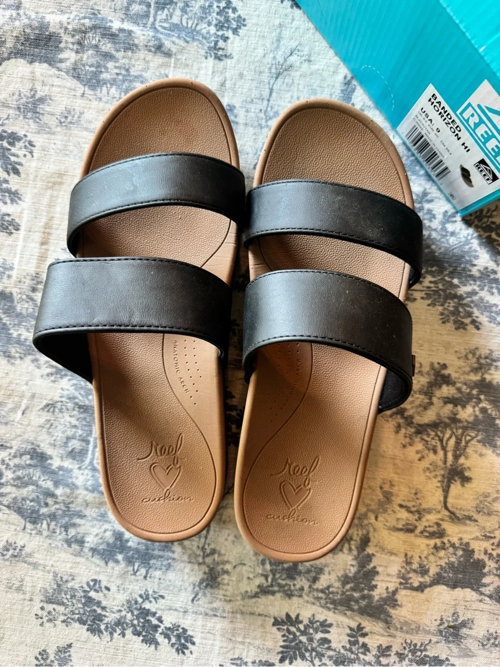 Reef Women's Black and Tan Double-Strap Slide Sandals